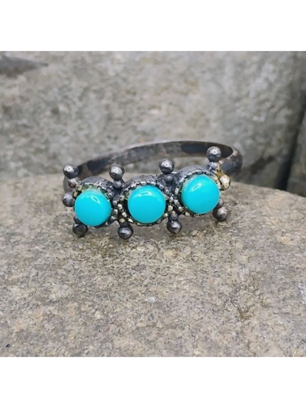 Vtg Signed BAR Zuni Snake Eye Turquoise Sterling Silver Ring Adjustable Size